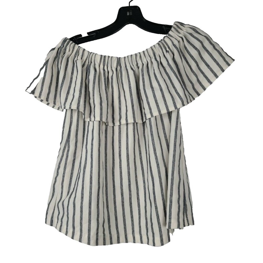 Banana Republic Womens Top XS White Gray Striped Off The Shoulder Ruffle Fairy